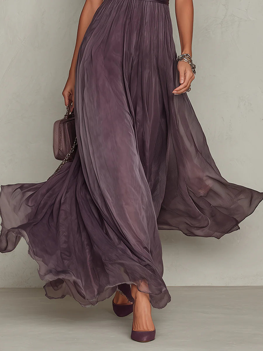 Flavia - Vestido largo violeta con escote en gota y delicado borde de encaje de gasa