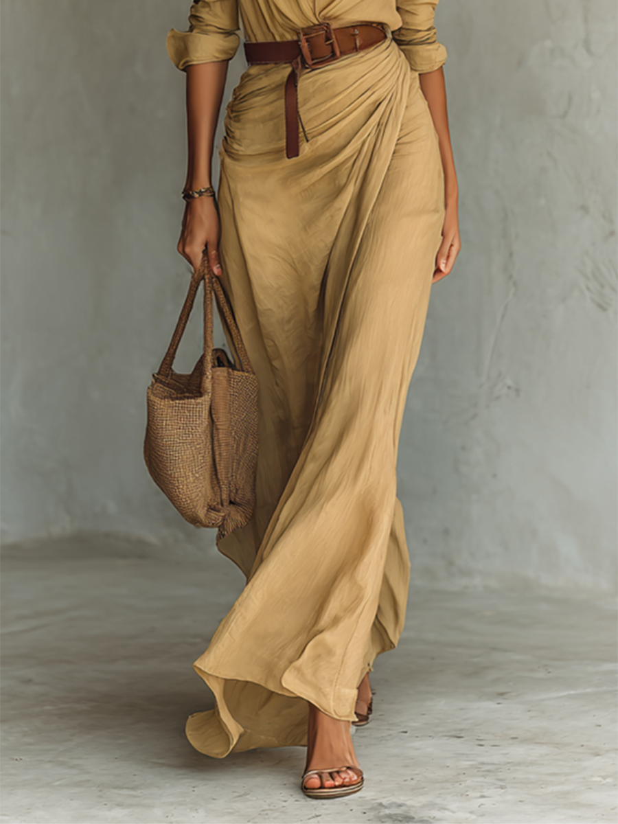 Vestido Maxi Largo con Cuello de Solapa y Mangas Largas para Mujeres