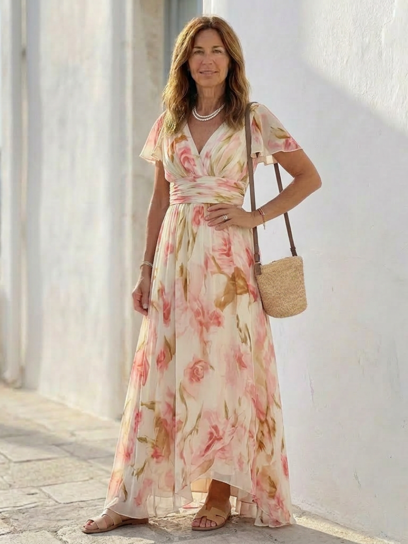 Elara | Vestido Maxi Floral de Manga Corta con Escote en V" can be rewritten as:

"Elara | Maxi Vestido Floral de Manga Corta con Escote en V