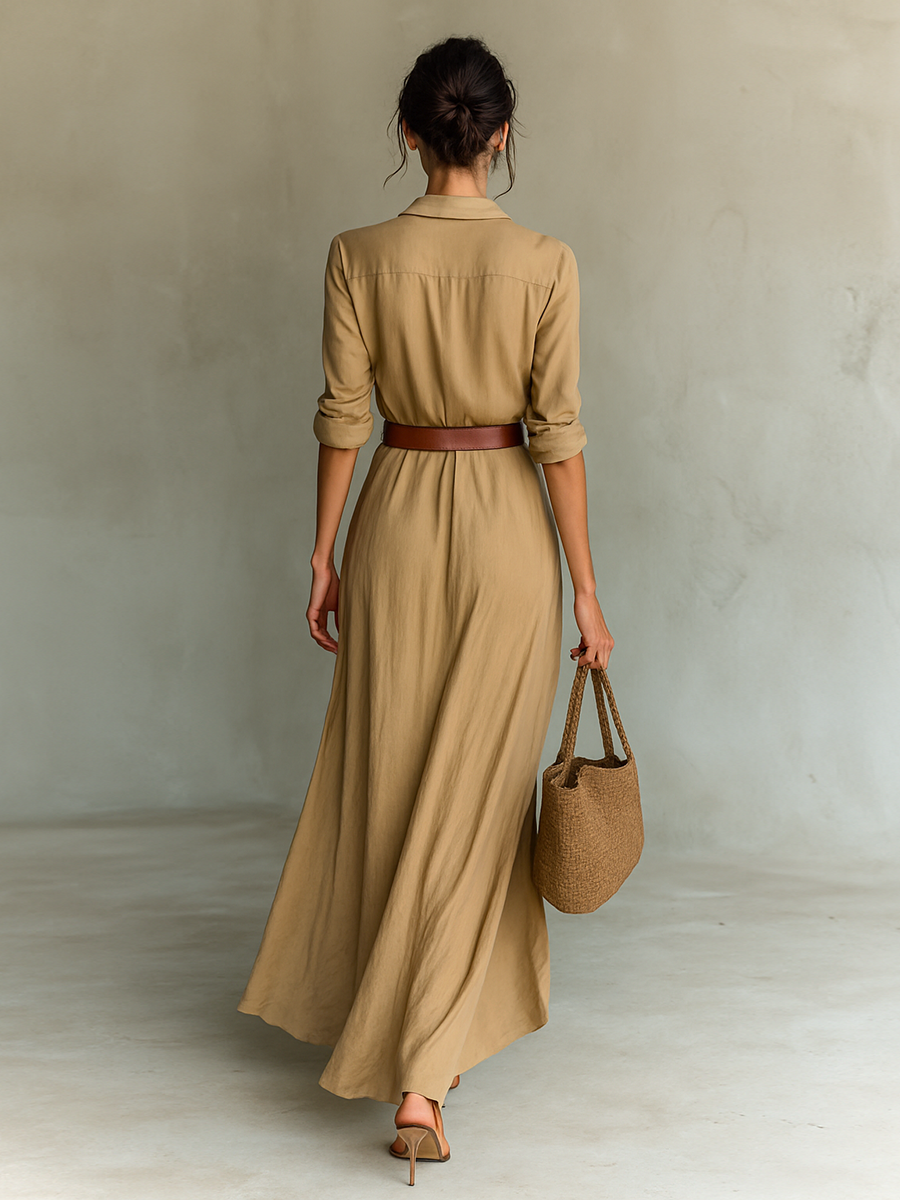 Vestido Maxi Largo con Cuello de Solapa y Mangas Largas para Mujeres
