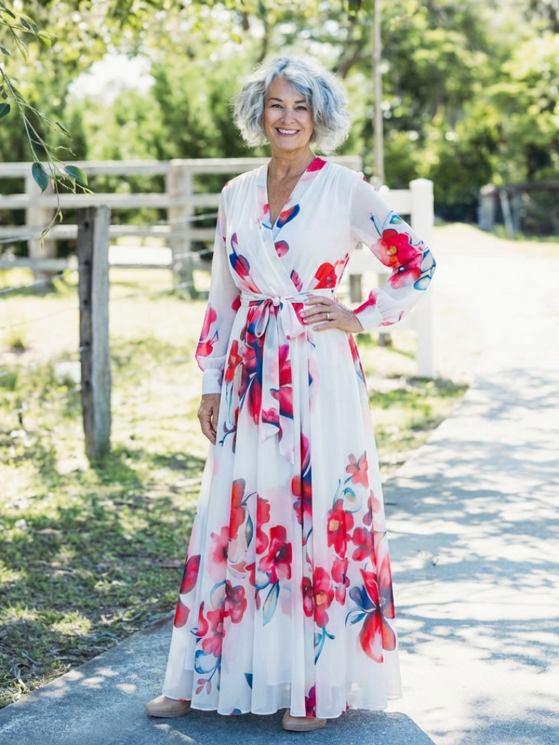 Lillian | Vestido Maxi Floral de Manga Larga Envolvente