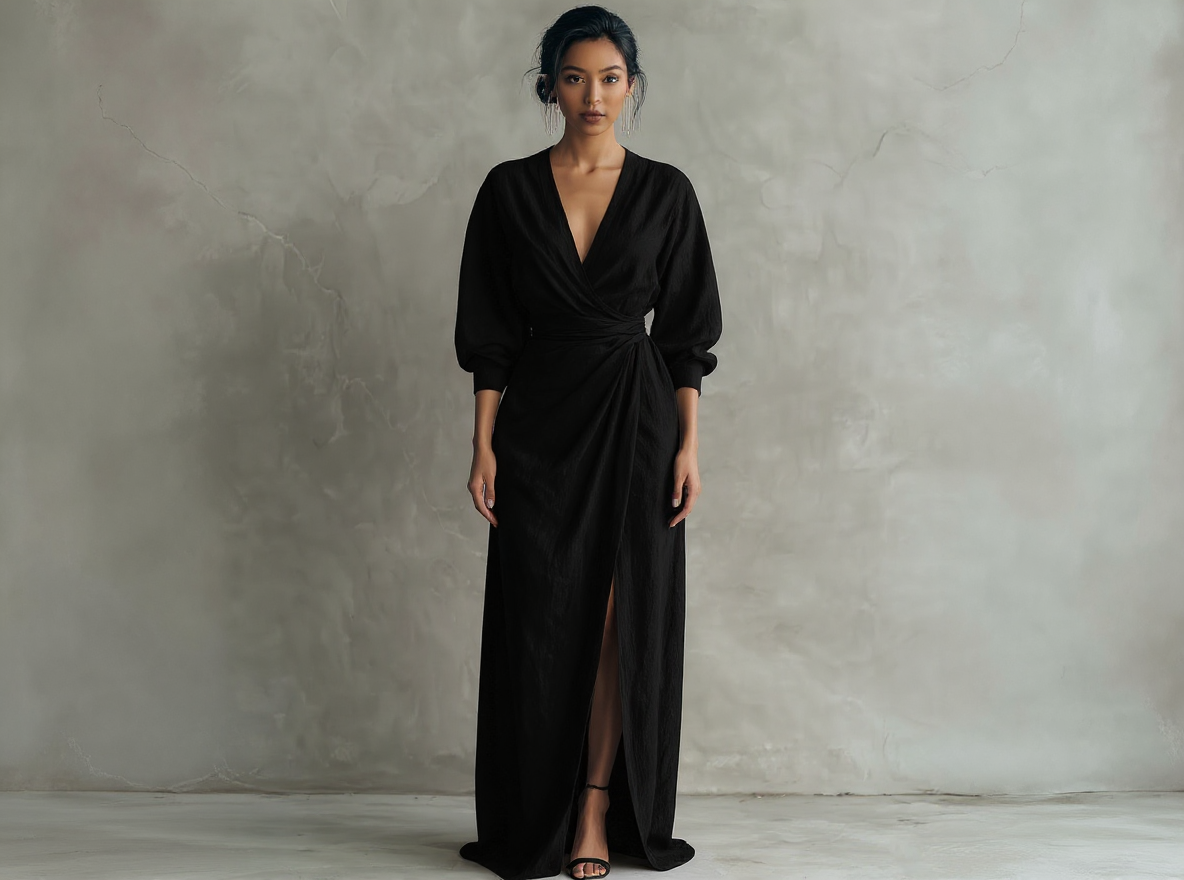 Vestido largo rosa minimalista de lino con escote en V para mujer