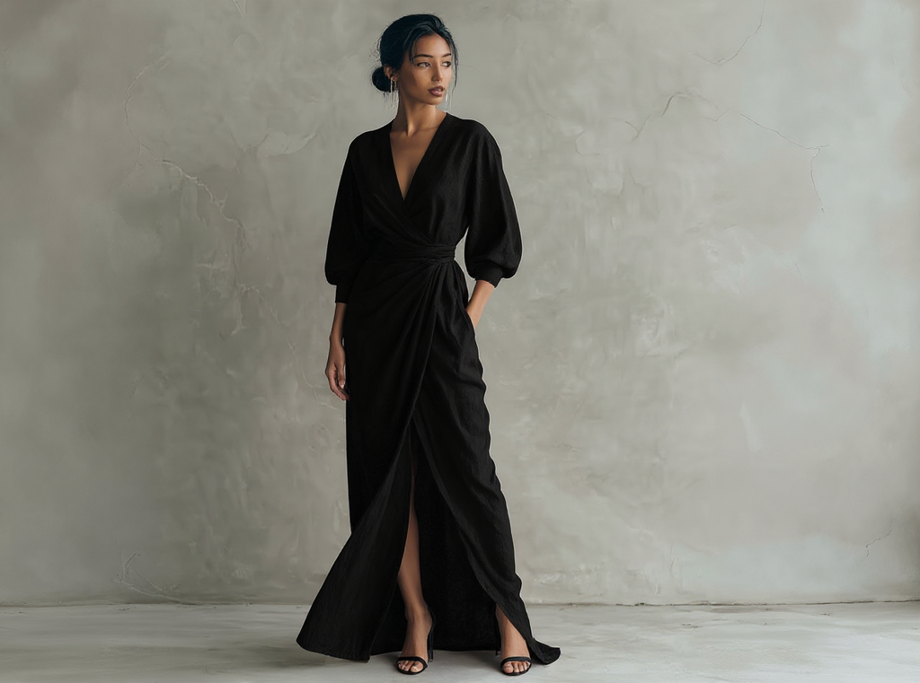 Vestido largo rosa minimalista de lino con escote en V para mujer