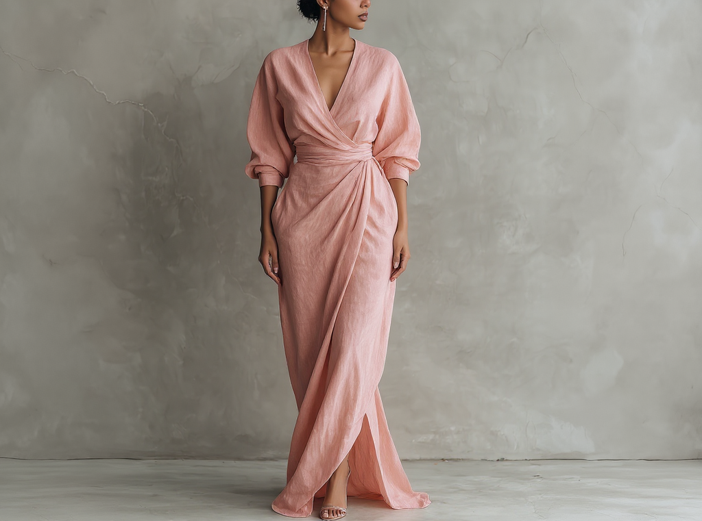 Vestido largo rosa minimalista de lino con escote en V para mujer