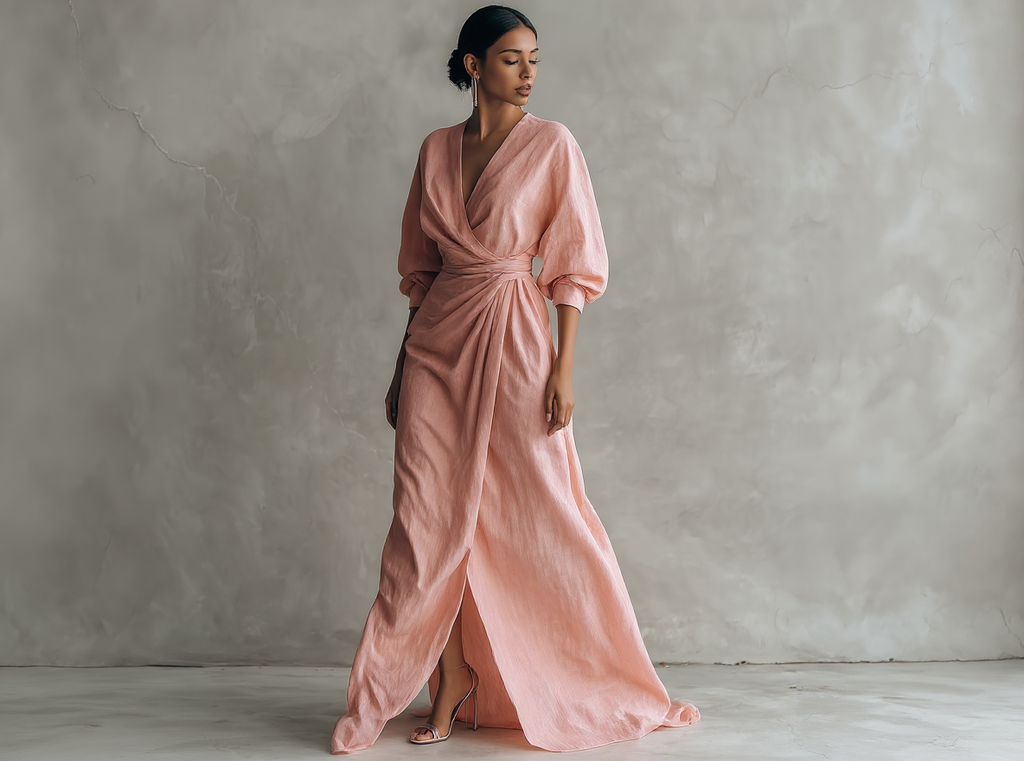 Vestido largo rosa minimalista de lino con escote en V para mujer