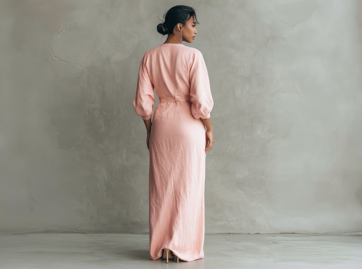 Vestido largo rosa minimalista de lino con escote en V para mujer