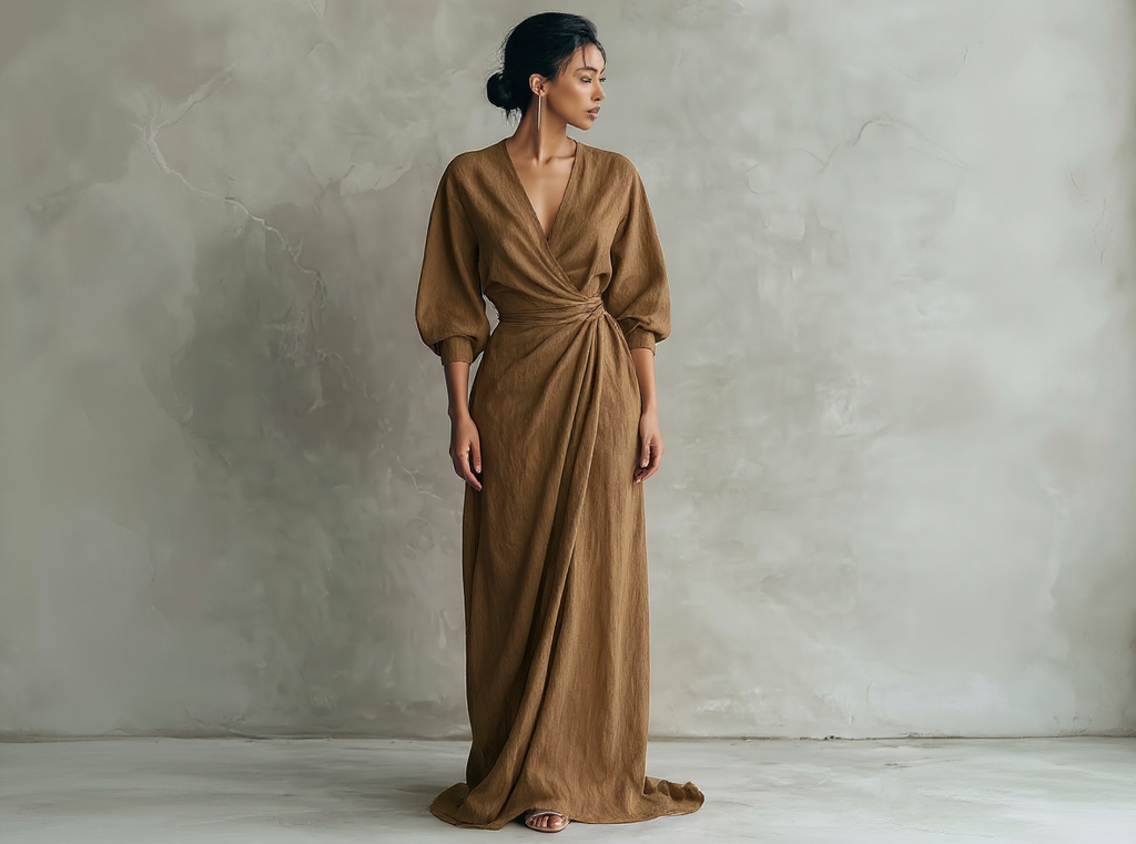 Vestido largo rosa minimalista de lino con escote en V para mujer