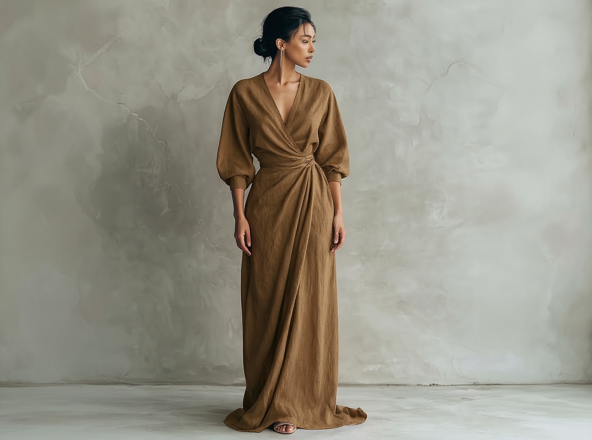 Vestido largo rosa minimalista de lino con escote en V para mujer