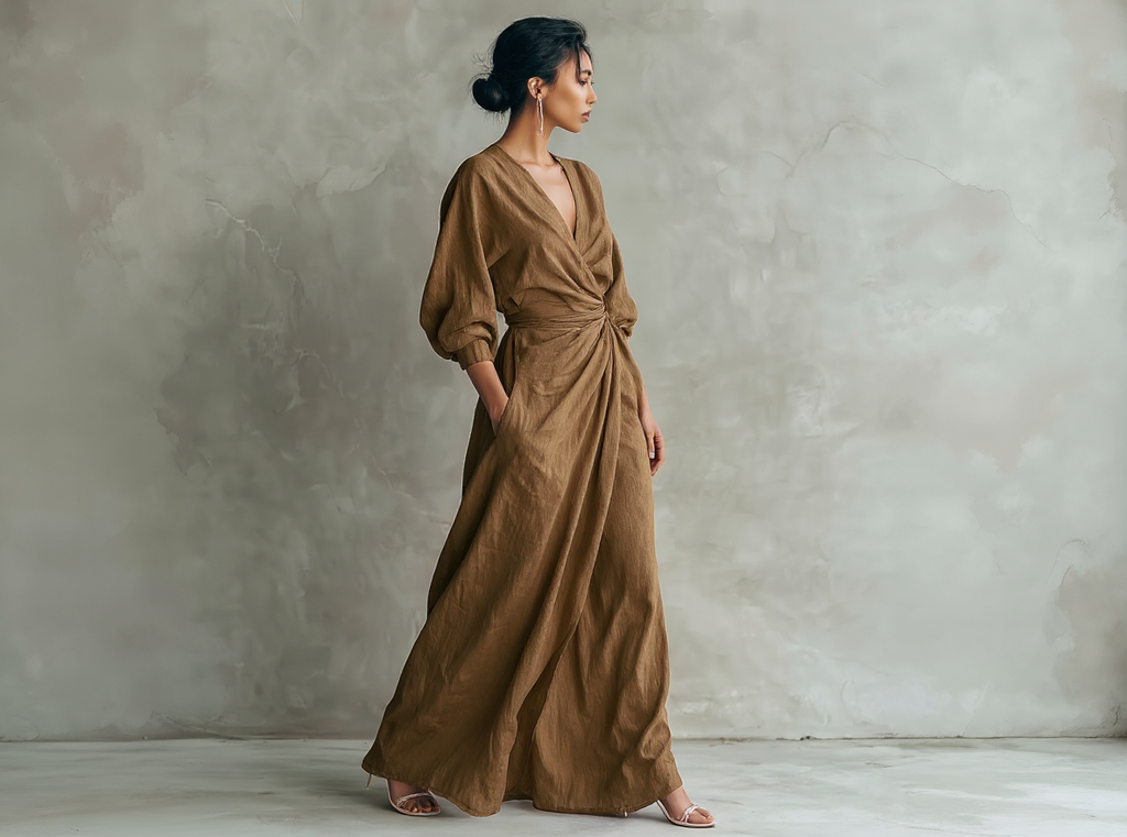 Vestido largo rosa minimalista de lino con escote en V para mujer