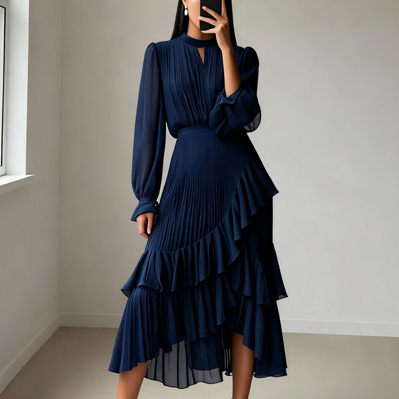 Vestido midi plisado elegante con detalles de volantes