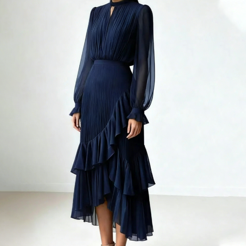 Vestido midi plisado elegante con detalles de volantes