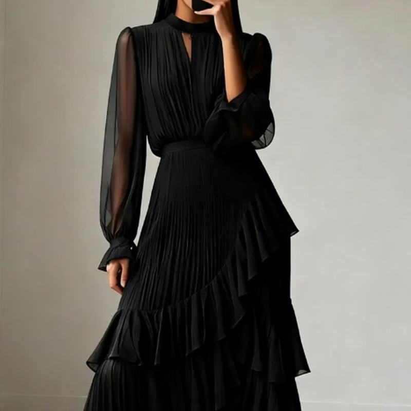 Vestido midi plisado elegante con detalles de volantes