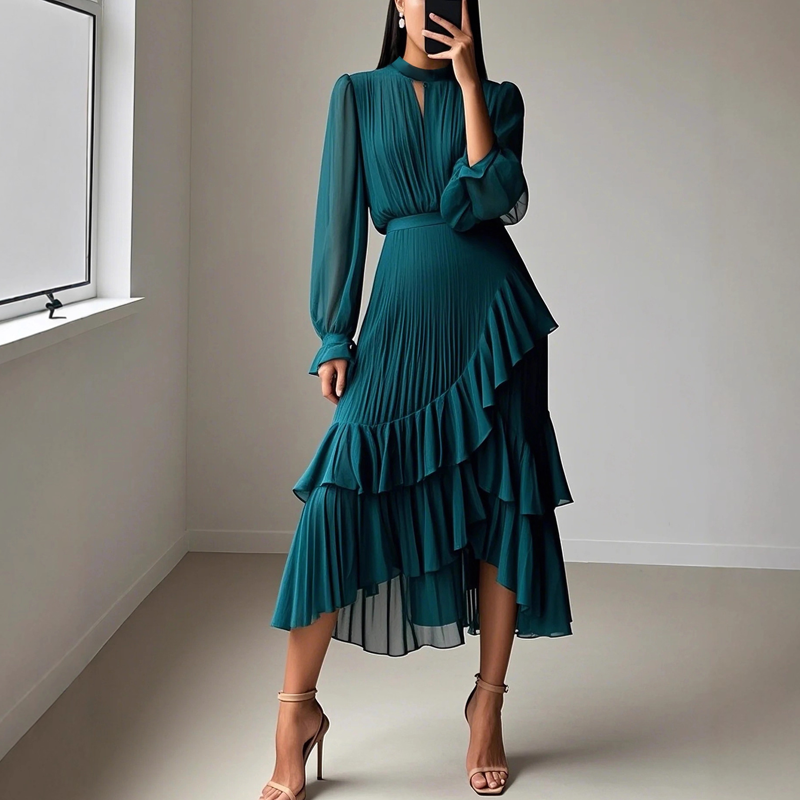 Vestido midi plisado elegante con detalles de volantes