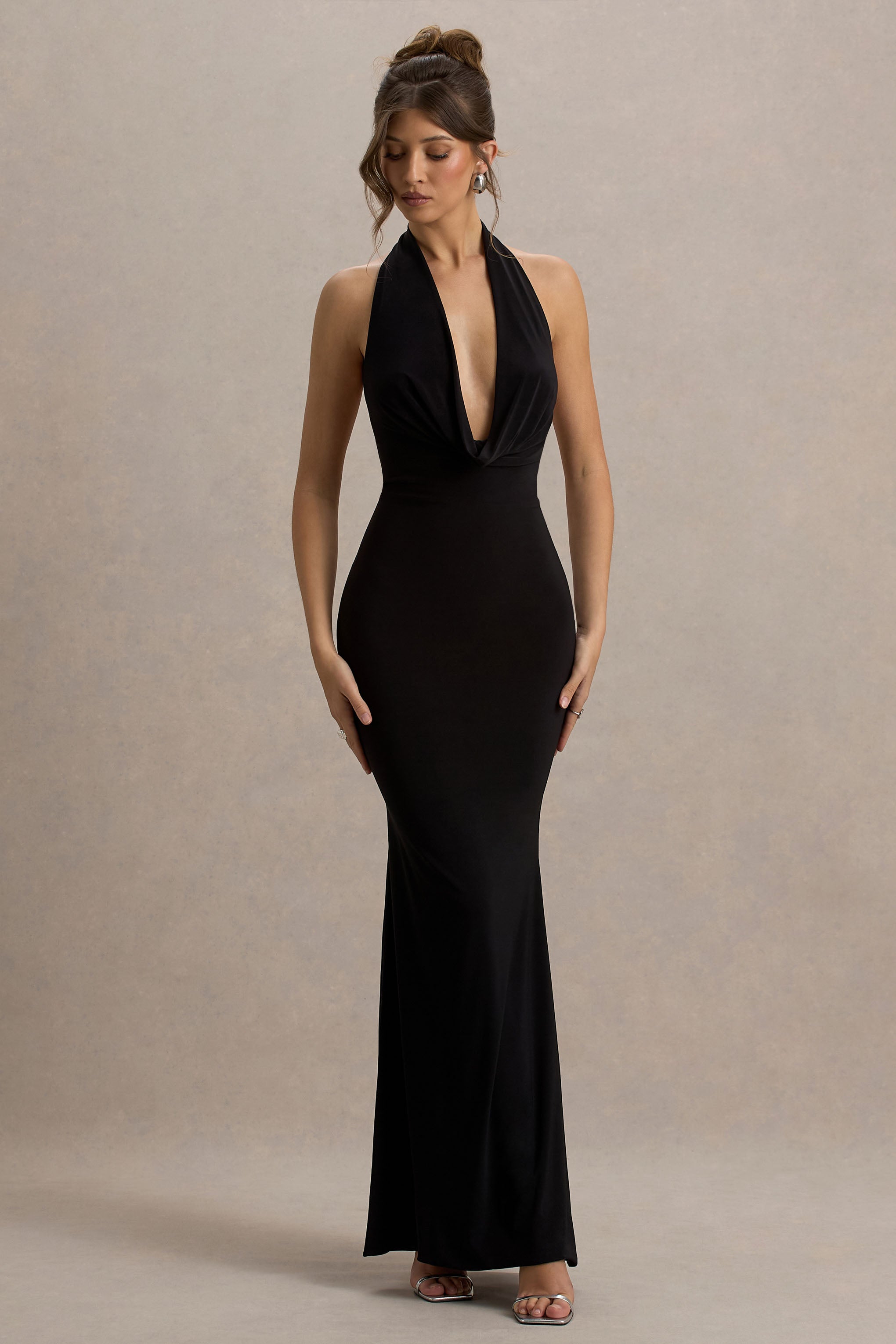 Milani | Vestido largo negro con escote drapeado y corte sirena espalda descubierta