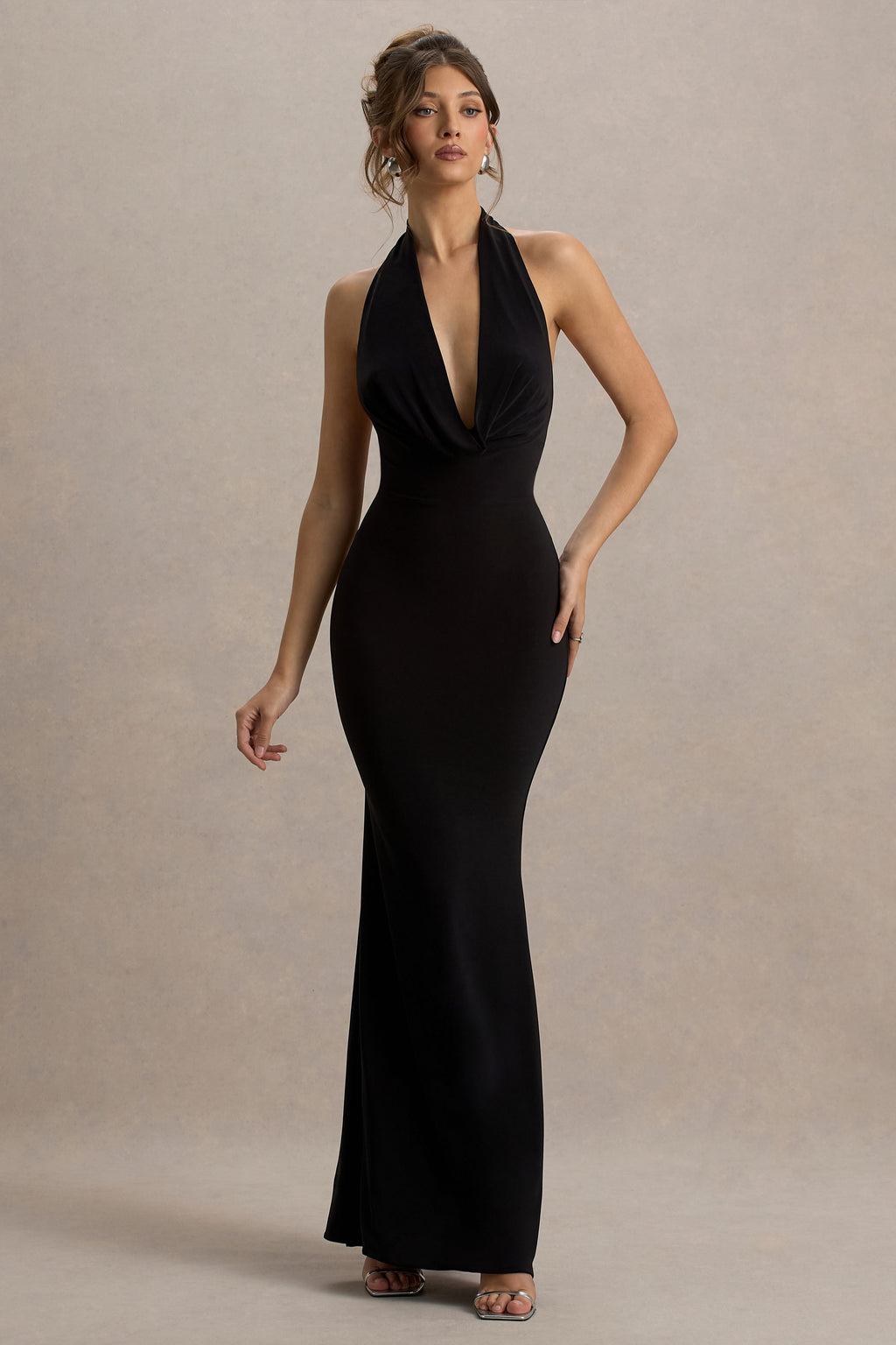 Milani | Vestido largo negro con escote drapeado y corte sirena espalda descubierta