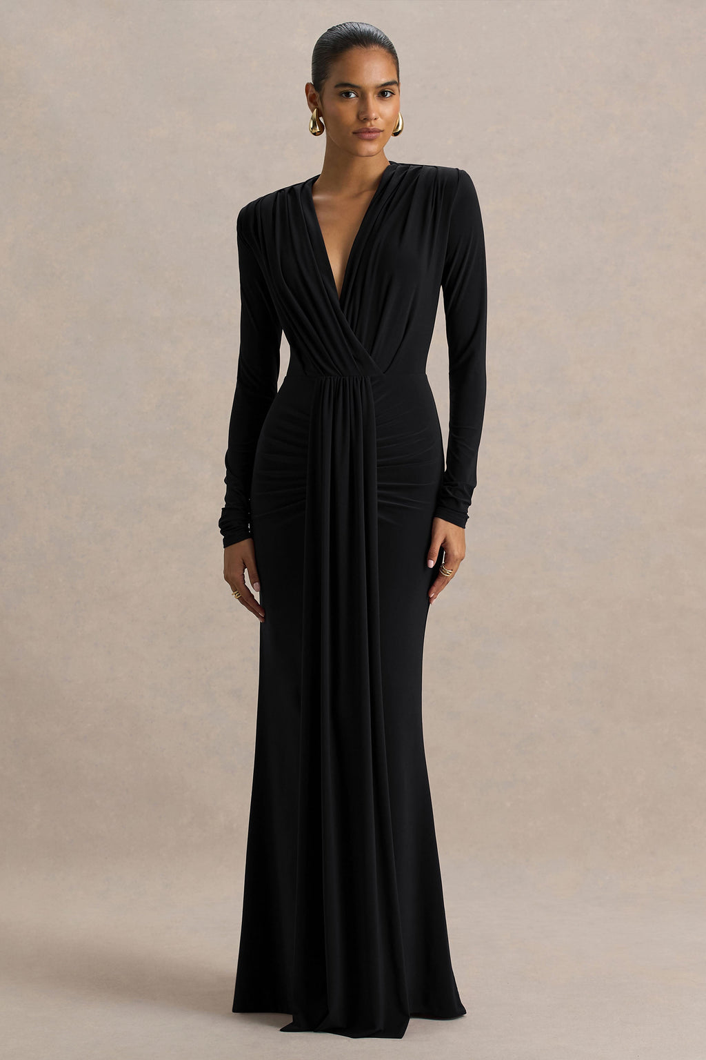 Flashy | Vestido Largo burdeos con escote pronunciado y detalles fruncidos