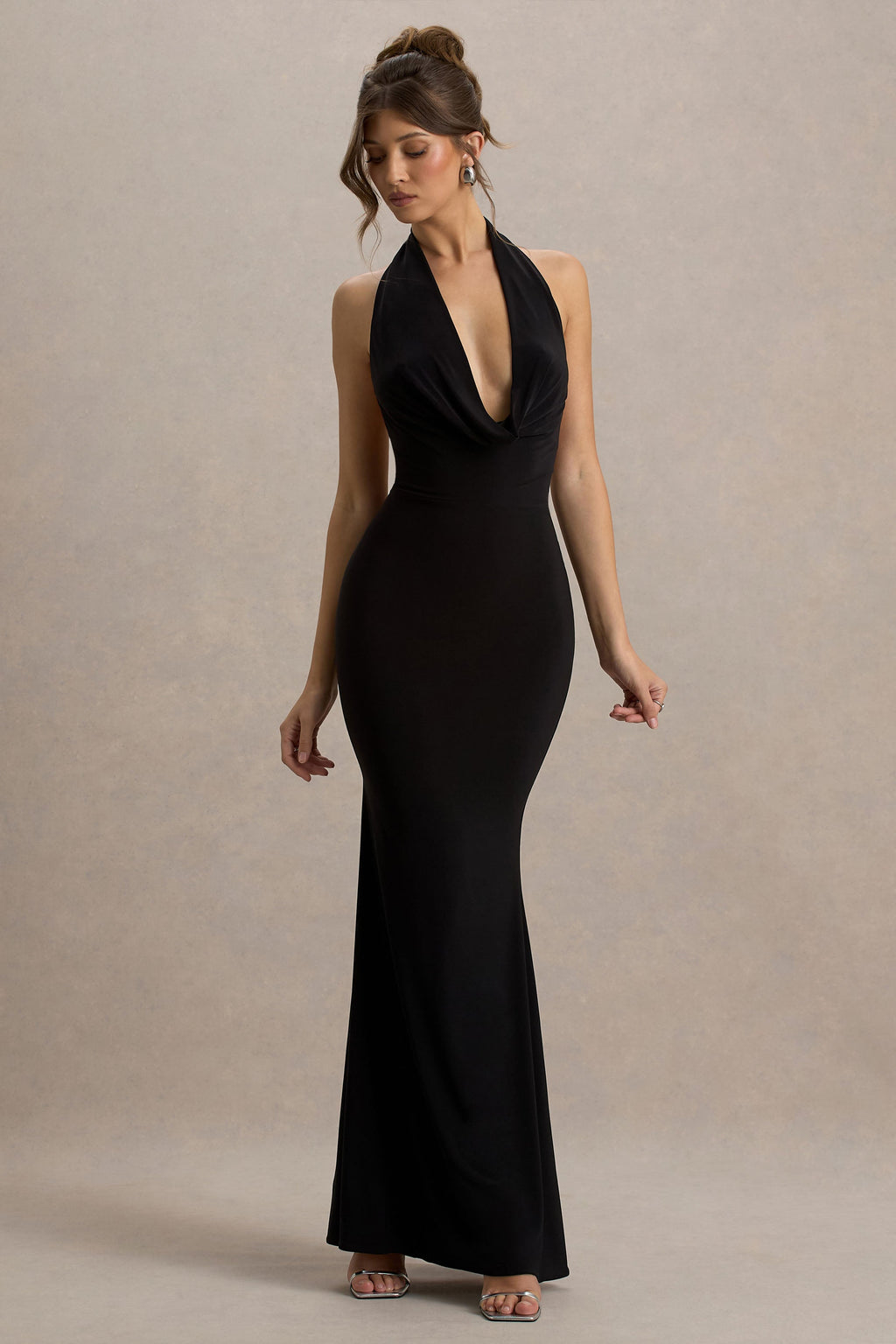 Milani | Vestido largo negro con escote drapeado y corte sirena espalda descubierta