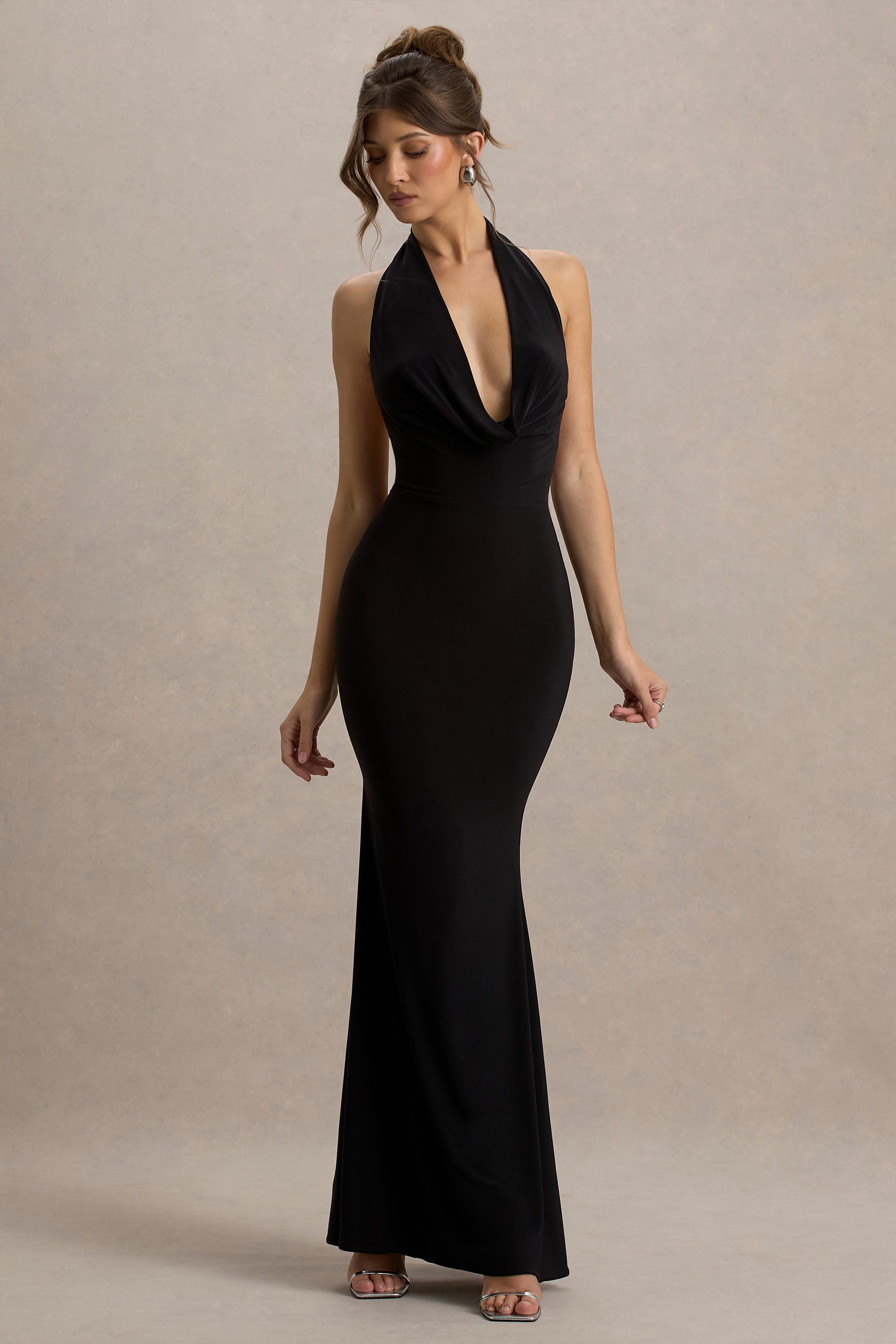Milani | Vestido largo negro con escote drapeado y corte sirena espalda descubierta