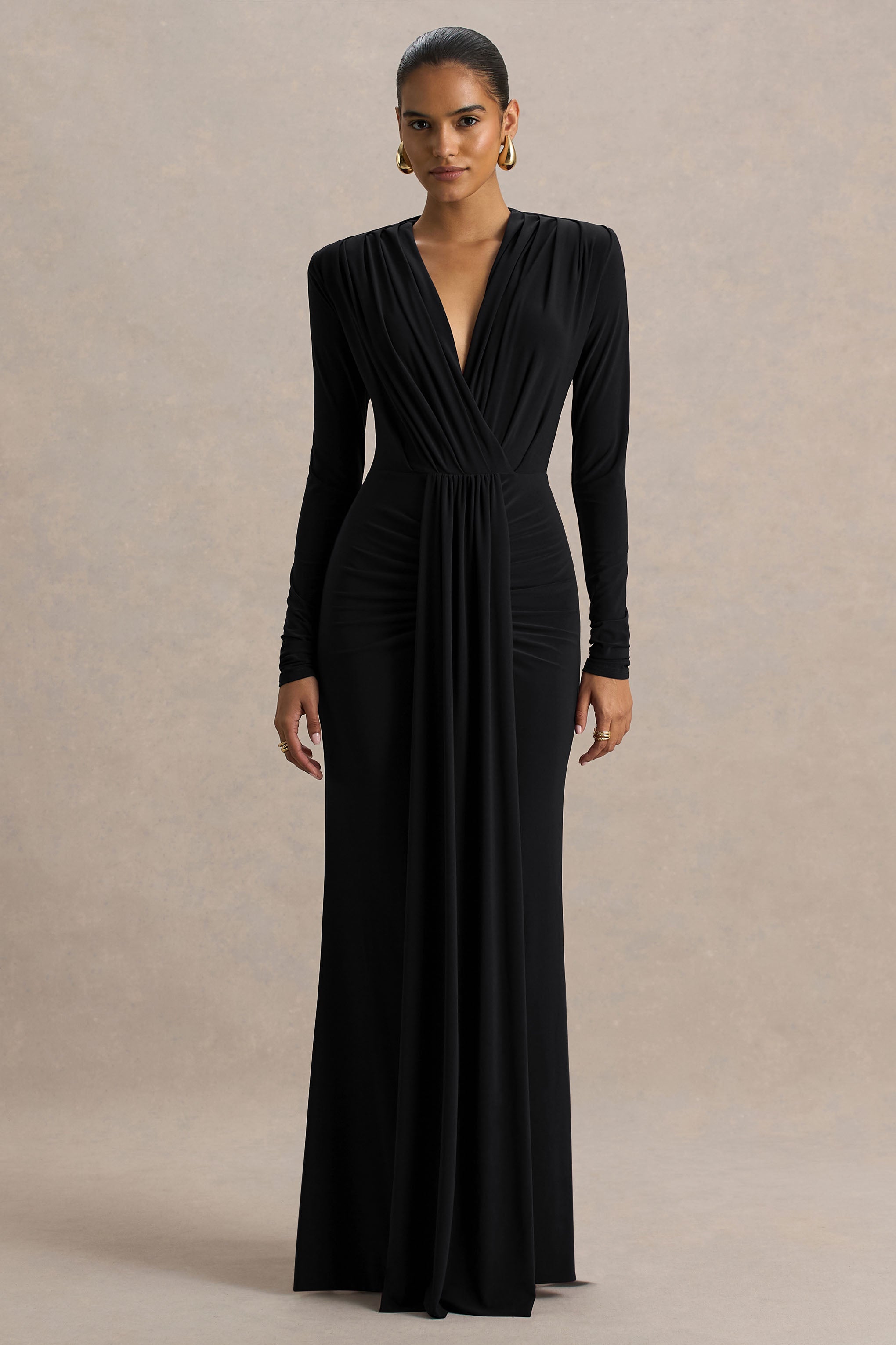 Flashy | Vestido Largo burdeos con escote pronunciado y detalles fruncidos